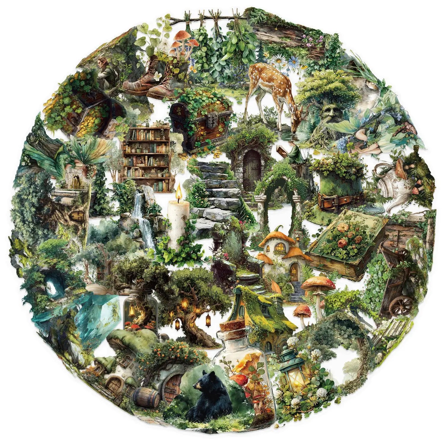 50/100PCS Cartoon Green Forest Sticker Pack Waterproof Transparent PET for Laptop Stationery Decoration Guitar Notebook Stickers