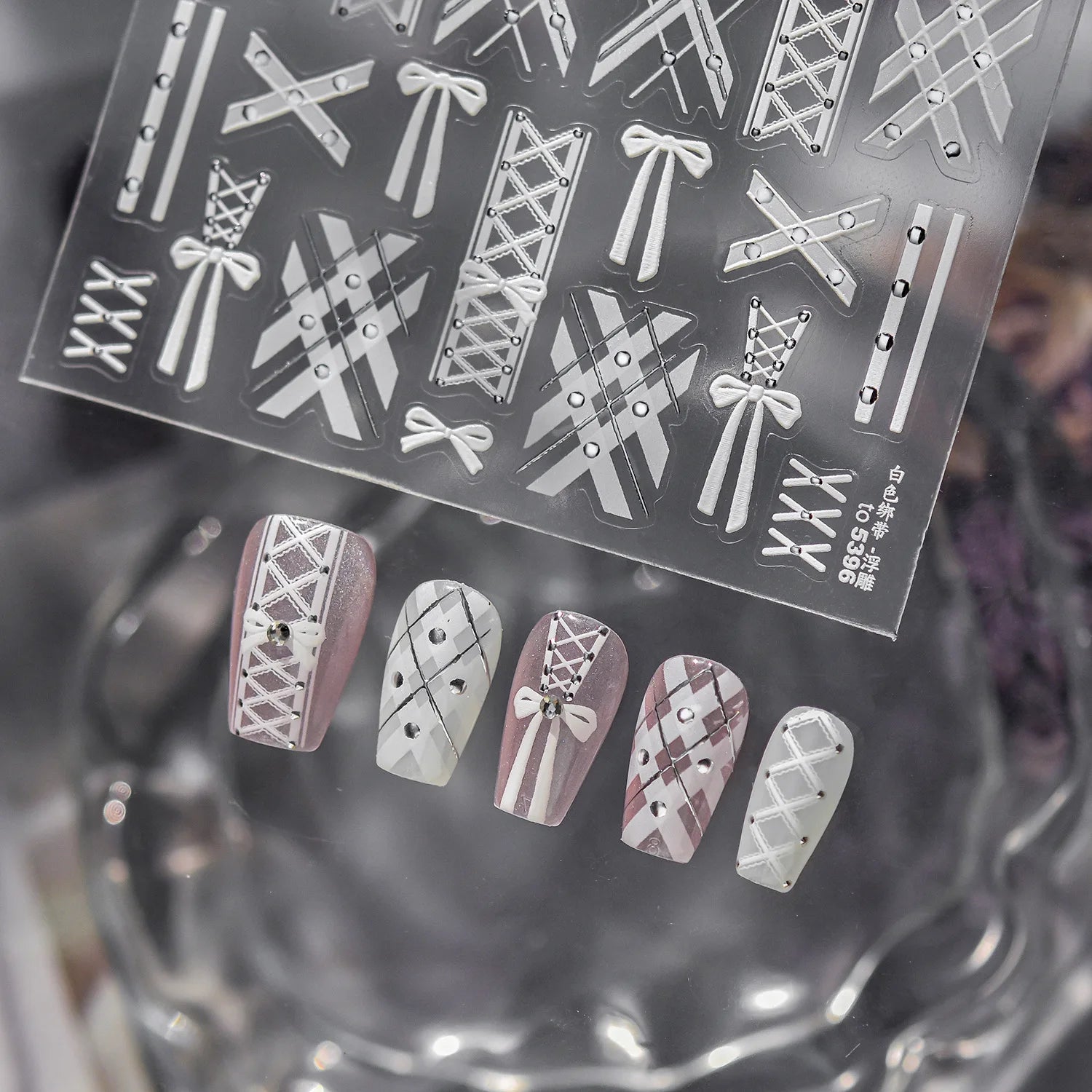 Relief Nail Stickers Elegant White Tie Bowkont Line Design Nails Decorations Stickers DIY Back Blue Manicure Accessories Decals