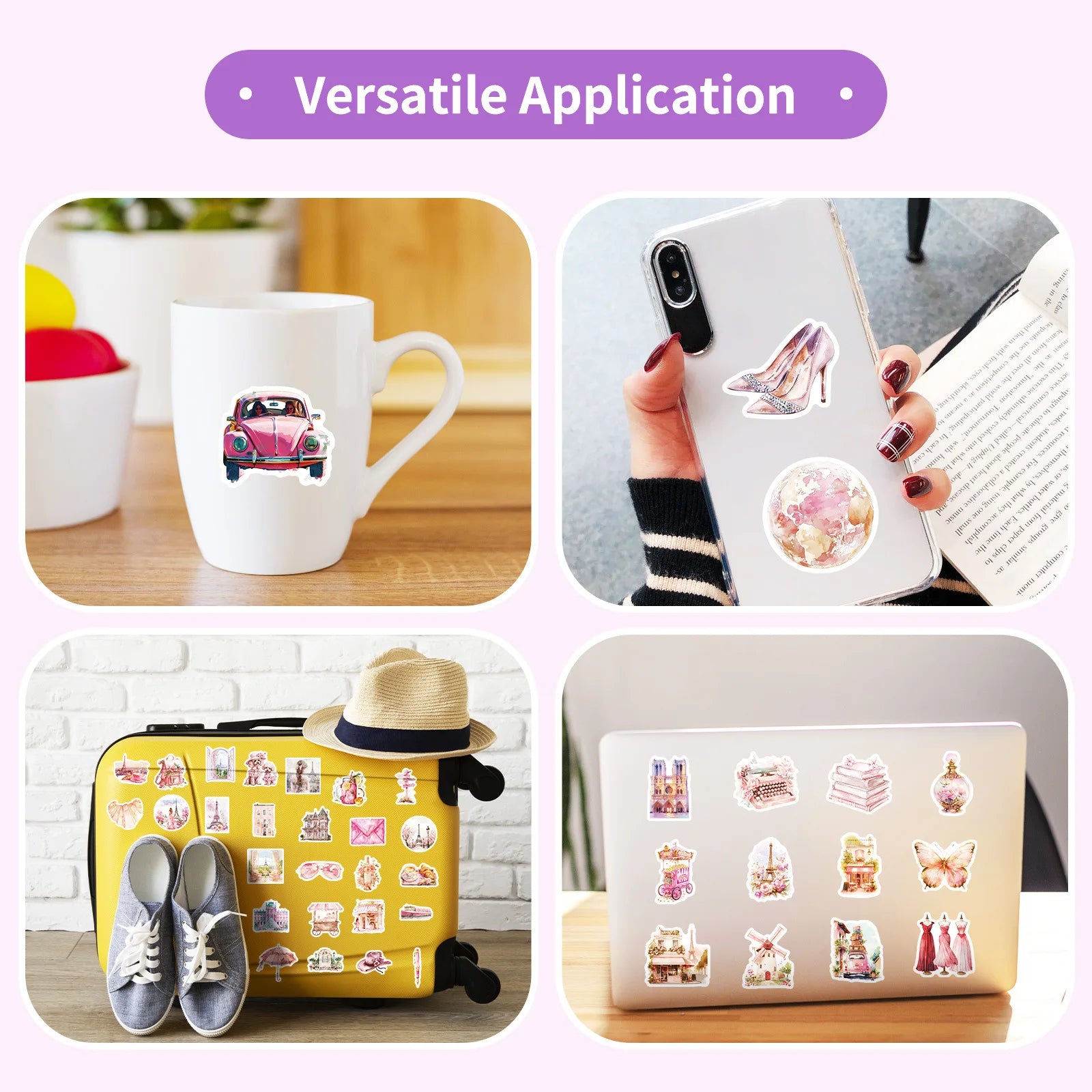 50/100PCS Pink Retro Paris Items Waterproof Stickers DIY Mobile Skateboarding Creative Stationery Stickers