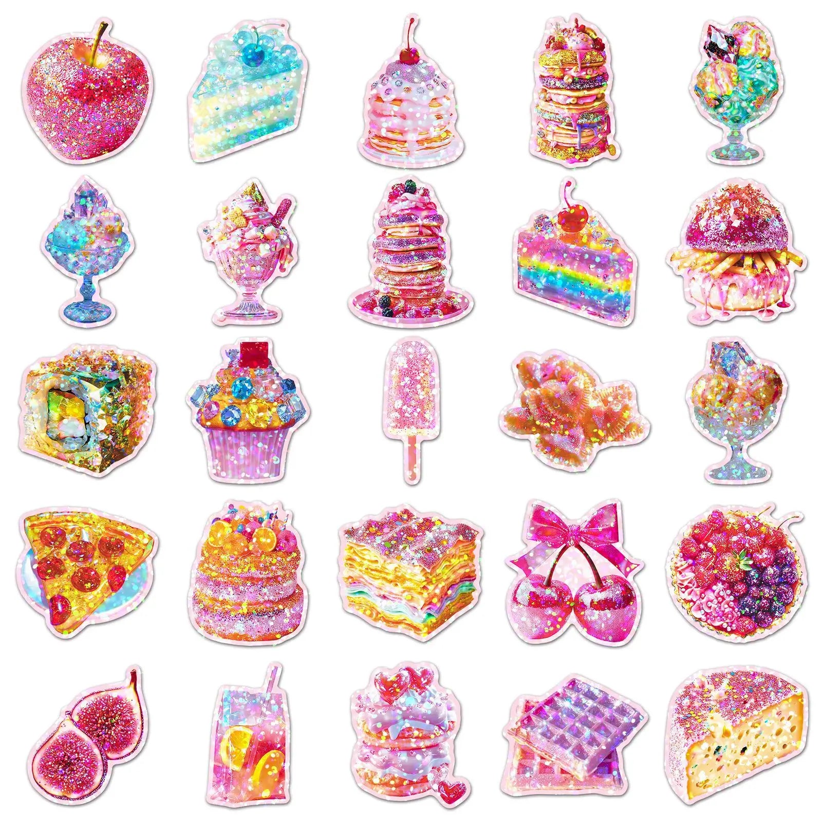 50-Pack Sparkling Laser-Colored Food Dessert Stickers for Notebook Luggage Student Stationery Decoration