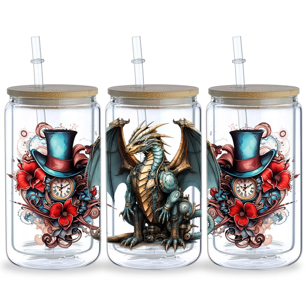 5 sheets Steampunk UV DTF Cup Stickers, DTF Friction Transfer Stickers, Waterproof Cartoon Transfer Stickers for 16oz Glass Cups