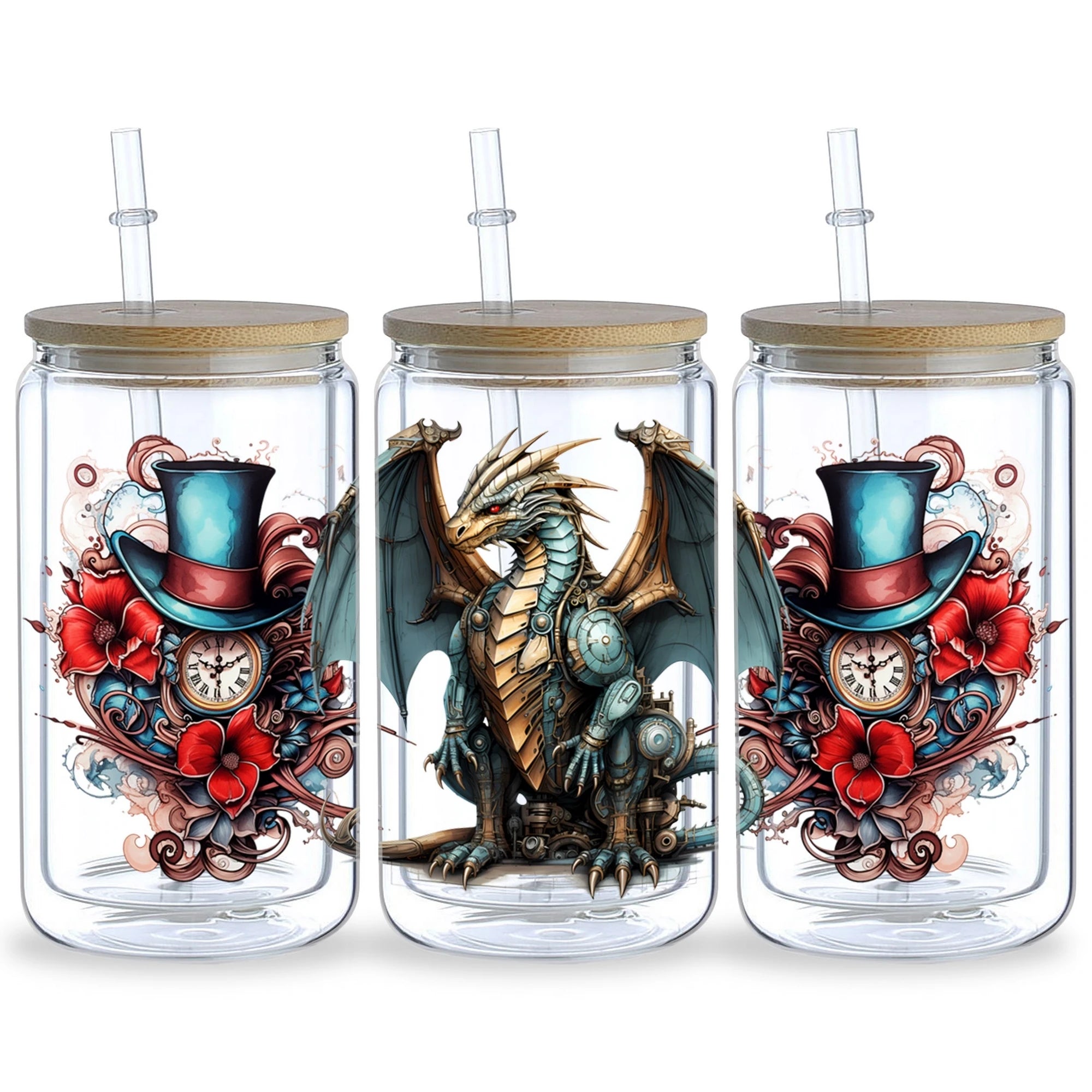 5 sheets Steampunk UV DTF Cup Stickers, DTF Friction Transfer Stickers, Waterproof Cartoon Transfer Stickers for 16oz Glass Cups