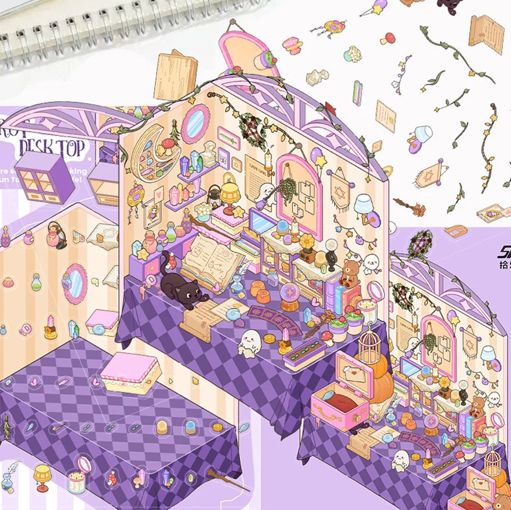 3D Cartoon Landscape Stickers Pink Candy House Miniature World 3D Small House Decompression DIY Scene Hand Account Stickers