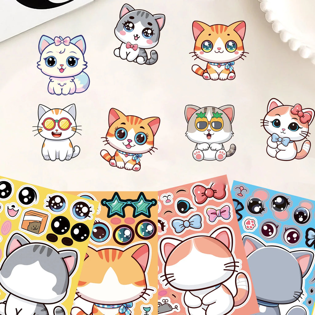 8PCS Cute Animal Cat Dolphin Octopus Cartoon Car Face Changing Stickers Stationery Notebook Decor DIY Children's Puzzle Sticker