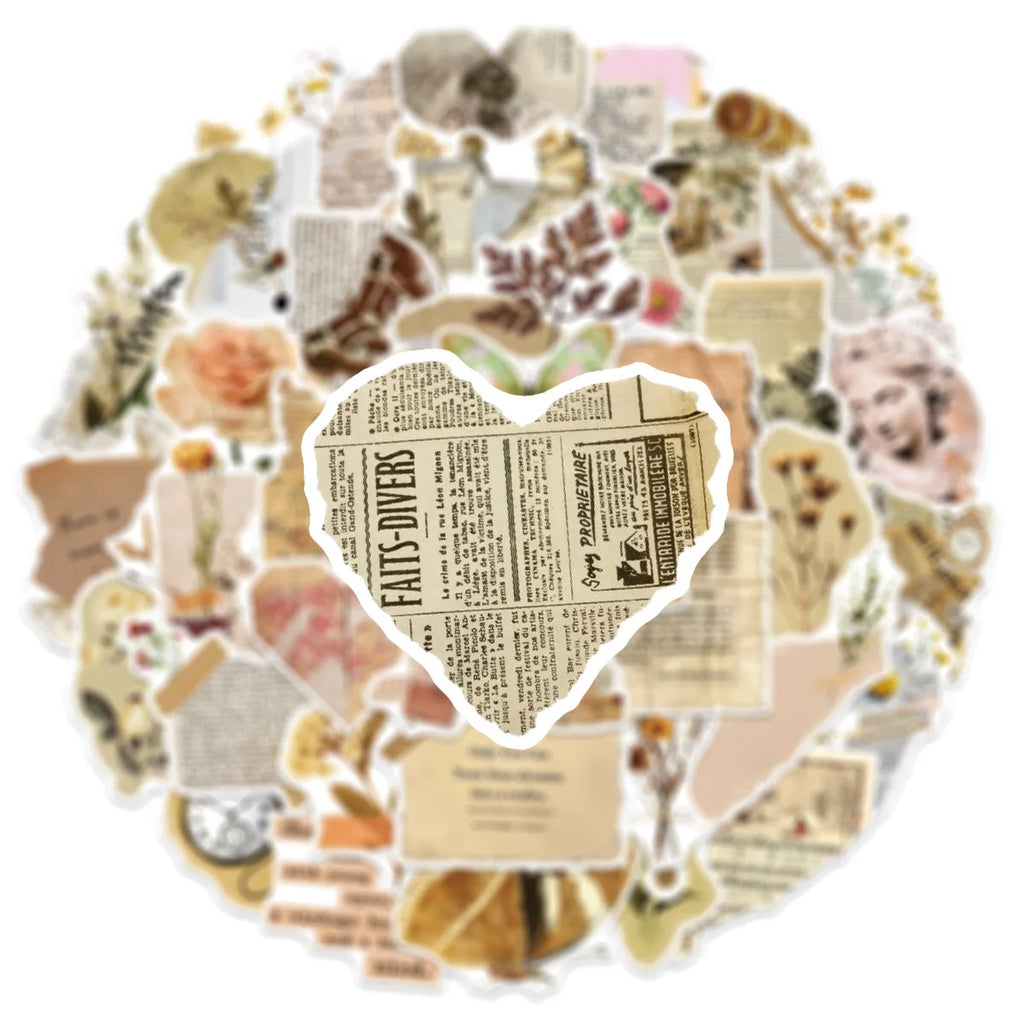 50/100 Pcs Vintage Book Aesthetic Element Stickers DIY for Helmet Guitar Skate Cup Stationery Box Diary Desk File Holder Decals