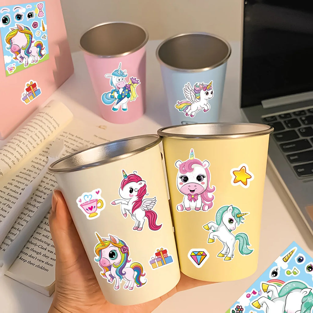8/16/24PCS Cartoon Rainbow Unicorn DIY Collage Stickers Decorative Mobile Tablets Skateboards Waterproof Stationery Stickers