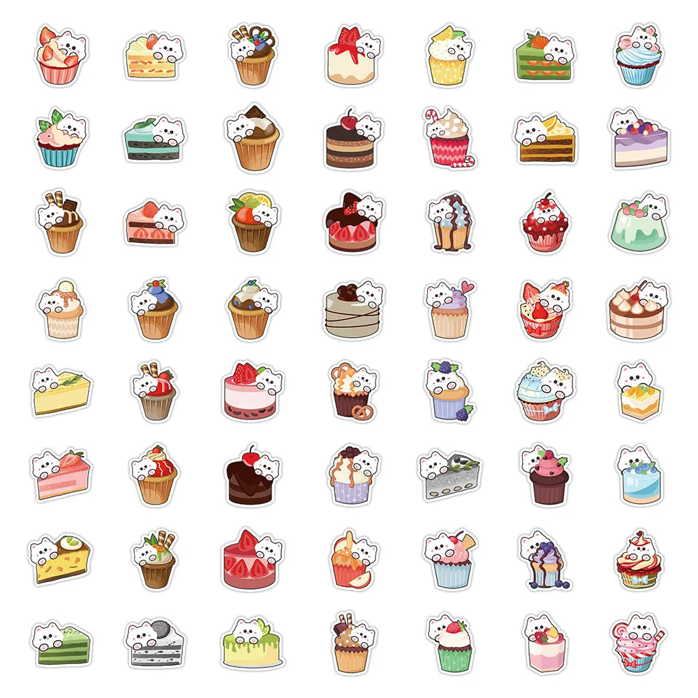 50-Pack Cute Cat Cake Cartoon Stickers Notebook Journal Water Cup Stationery Decoration Sticker