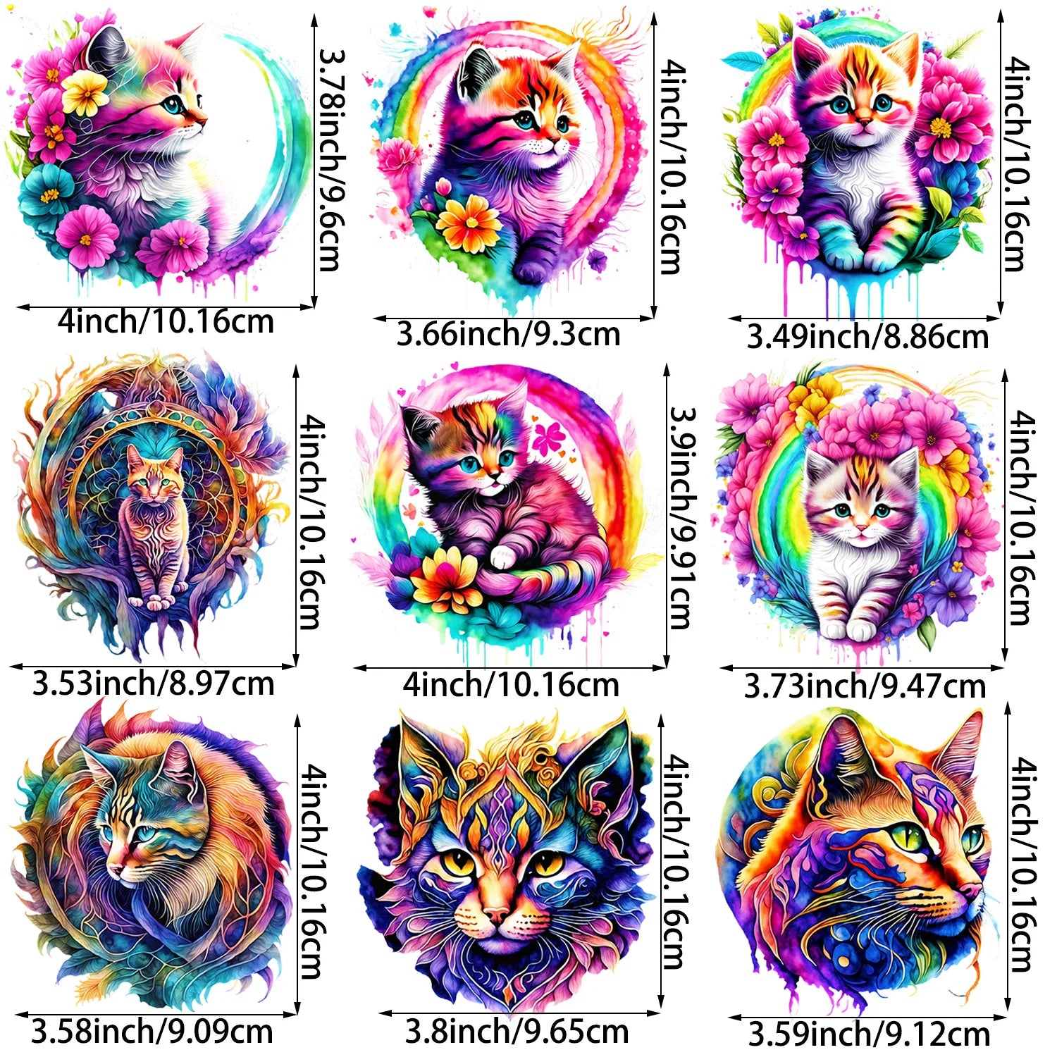 9 Pack Watercolor Cute Floral Cat Theme Pattern Iron-On Transfer Sticker Design Floral Cat Decal Heat Press Decal