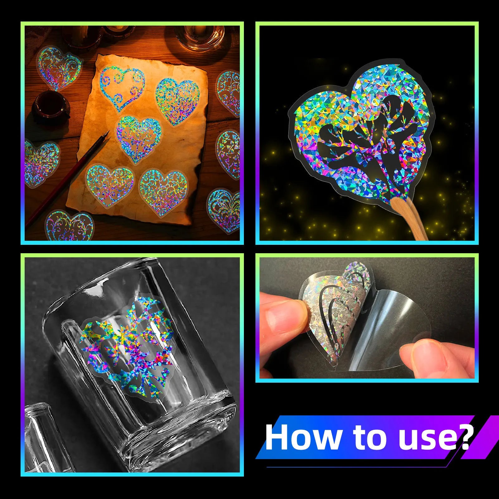 50 Transparent Laser Love Heart PET Stickers Laser Colorful Flowing Hemp Stickers Handbook Material Decoration Stickers