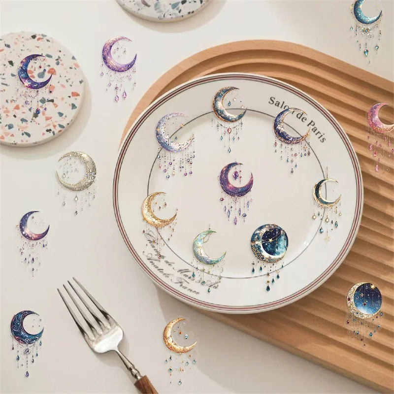50PCS Dreamy Starry Moon PET Sticky Sticker Aesthetic Tear Open DIY Decoration Scrapbooking School Stationery Supplies for Kids