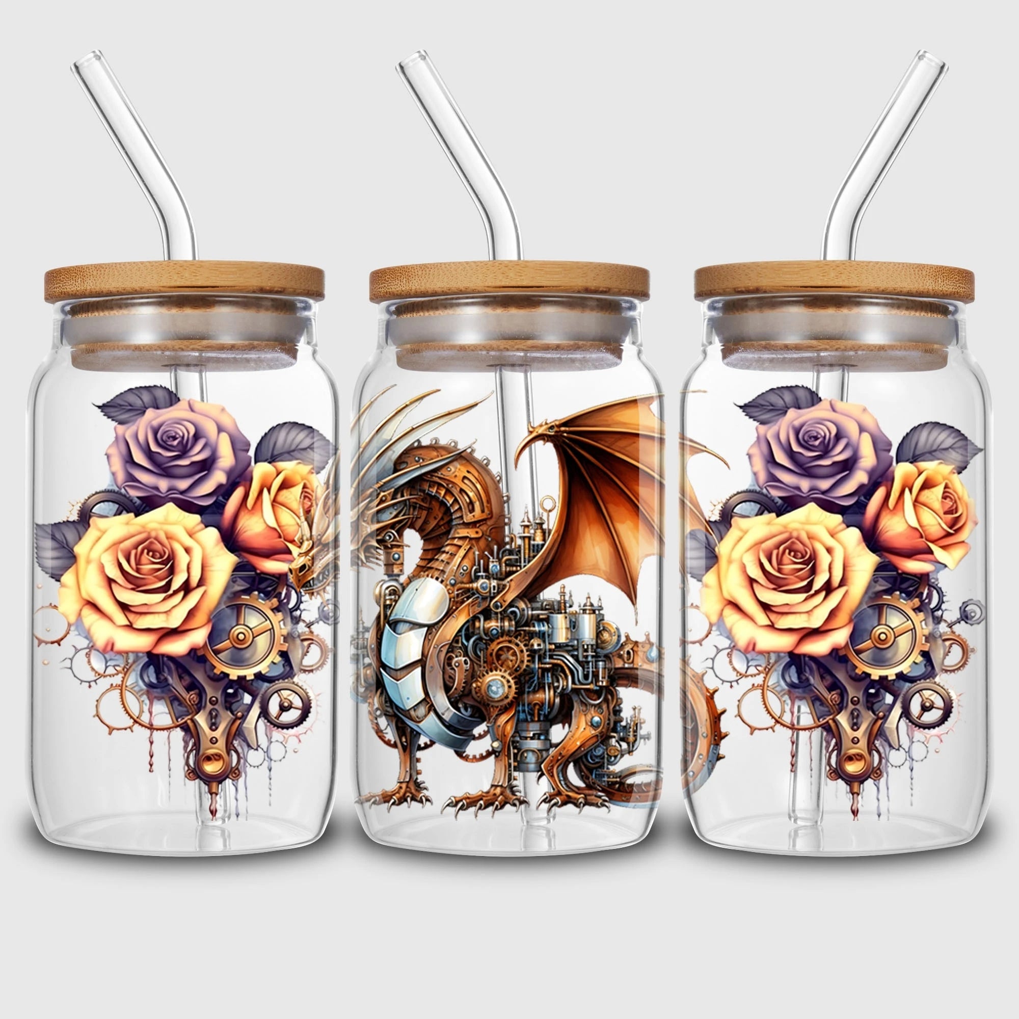 5 sheets Steampunk UV DTF Cup Stickers, DTF Friction Transfer Stickers, Waterproof Cartoon Transfer Stickers for 16oz Glass Cups