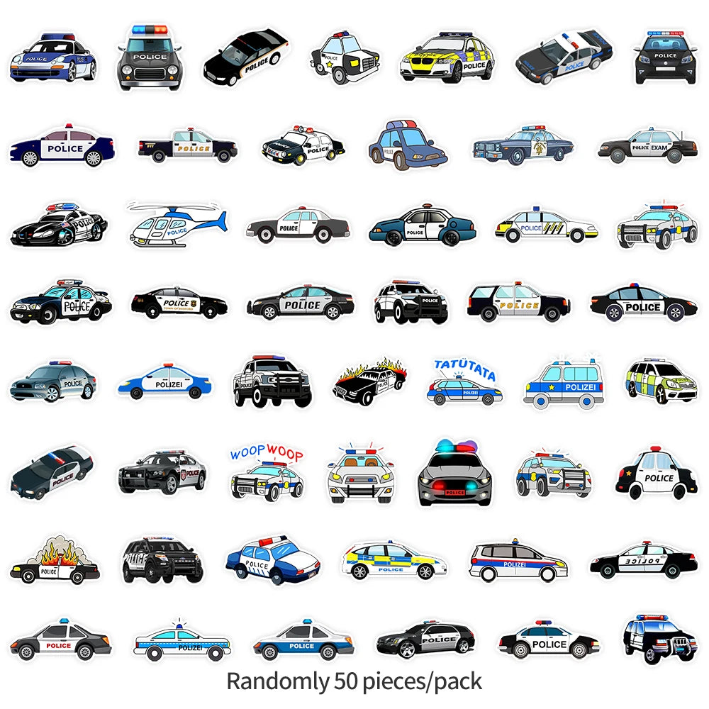 50 Pcs Cartoon Police Car Stickers, Mobile Phone Water Cup Computer Decoration Stickers, Laptop hand account waterproof stickers