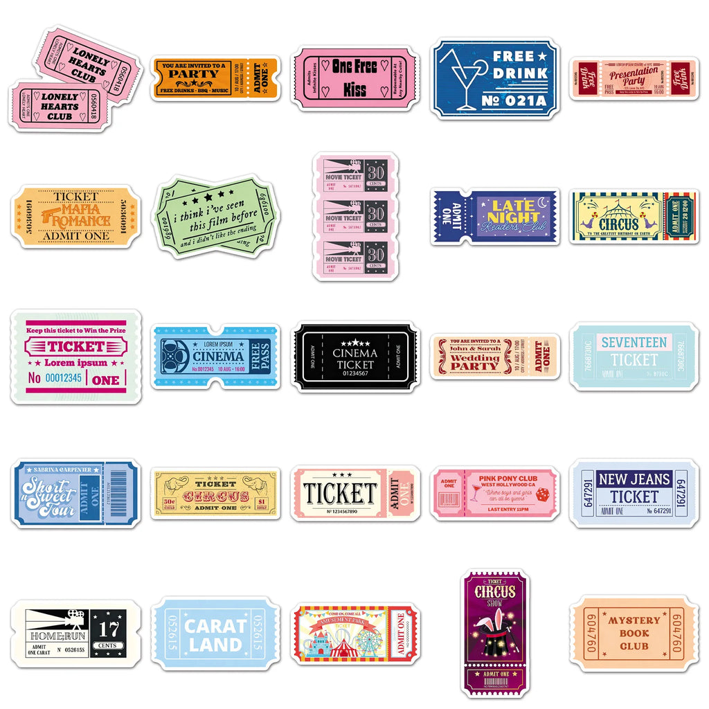 50-Pack Creative Cartoon Ticket Stickers Waterproof DIY Graffiti Decals for Mobile Phones Guitars Helmets Luggage Notebooks