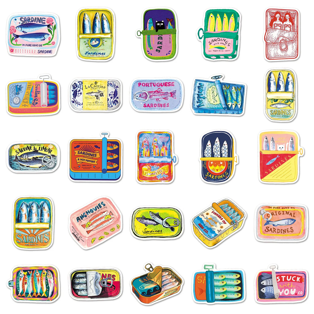 50-Pack Cartoon Tuna Can Stickers Waterproof Decorative Stickers for Phone Notebook Luggage Helmet Student Stationery Rewards