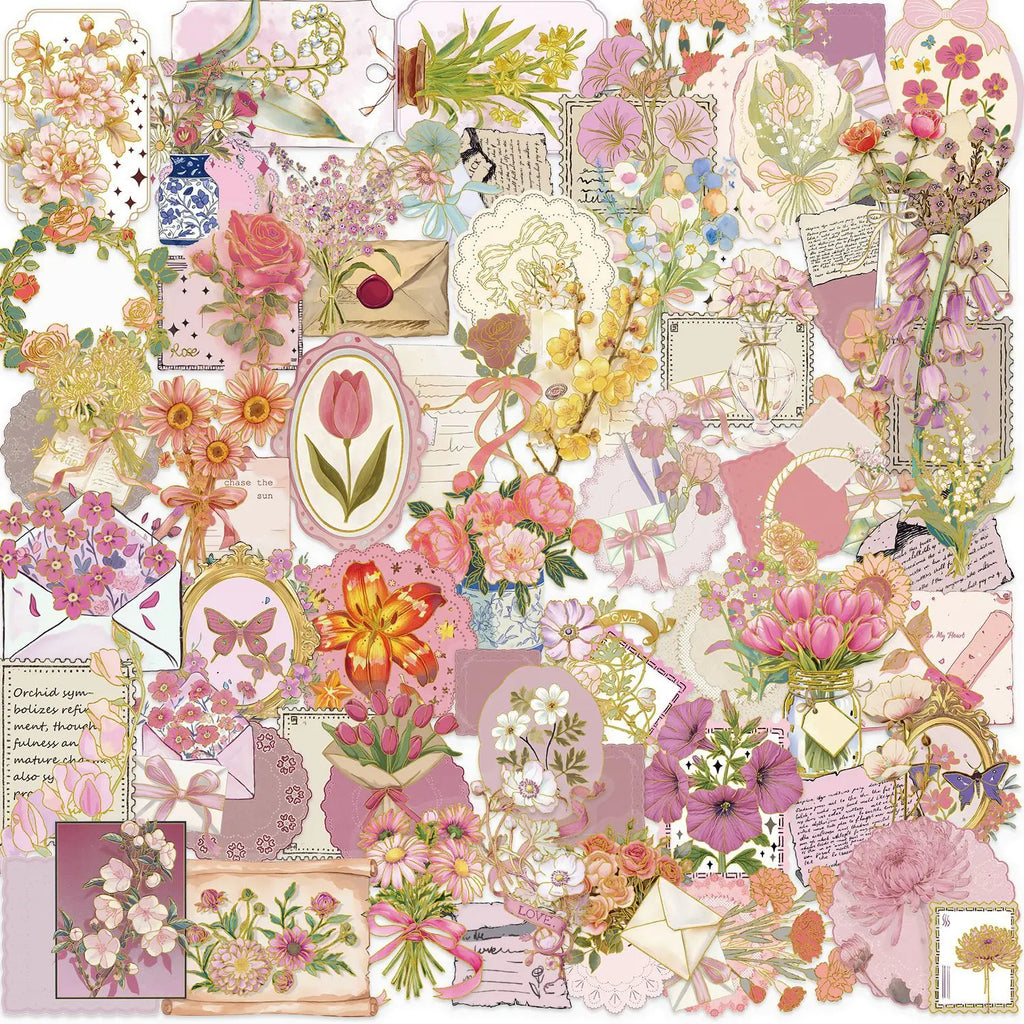 50/100PCS Cartoon Flower Heart Language Sticker Pack Waterproof Transparent PET Decorative Guitar Notebook Hot Stamping