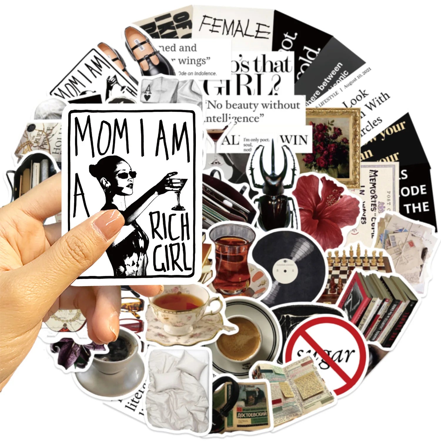 50-Pack Cartoon Black-White Art Graffiti Stickers DIY Waterproof Decals for Guitar Notebook Luggage Decoration