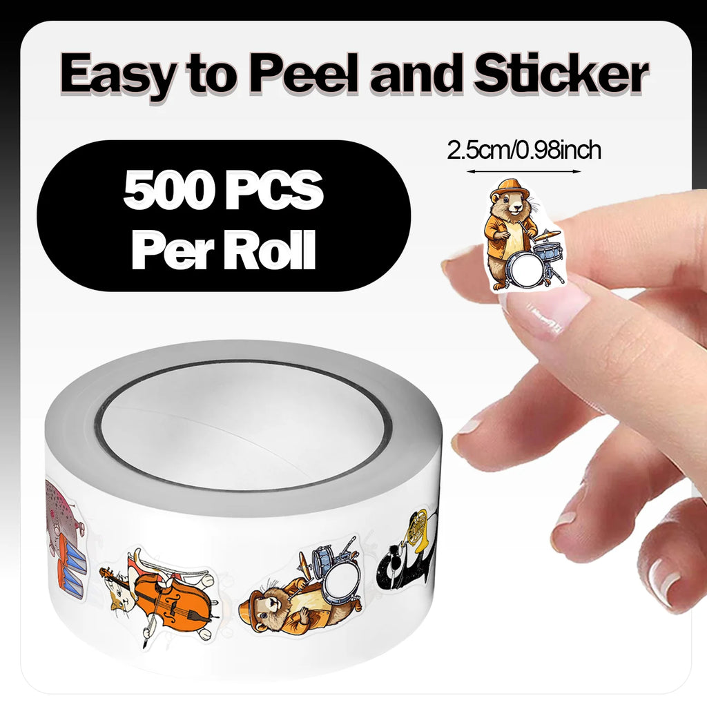 1Roll(500Pcs) Cute Animals Band Group Pattern Stickers 2.5cm/1.0'' 10 Designs Decals Diy Adorn Gifts Packs Home Decor Seal Label