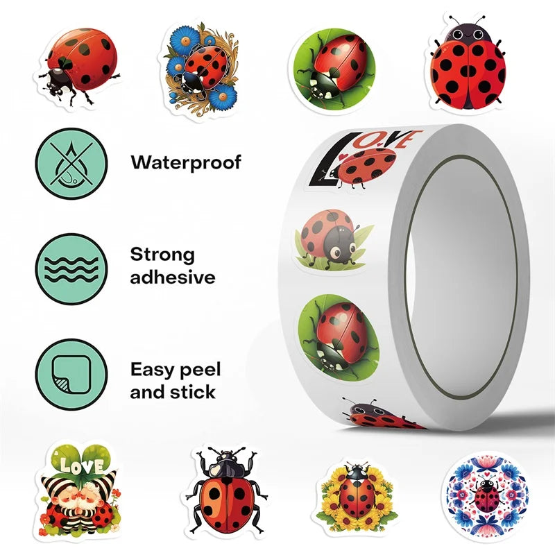 500PCS Kawaii Red Bug Sticky Paper Sticker Labels Thank You Sticker Sealing DIY Decoration Scrapbooking Supplies for Kids