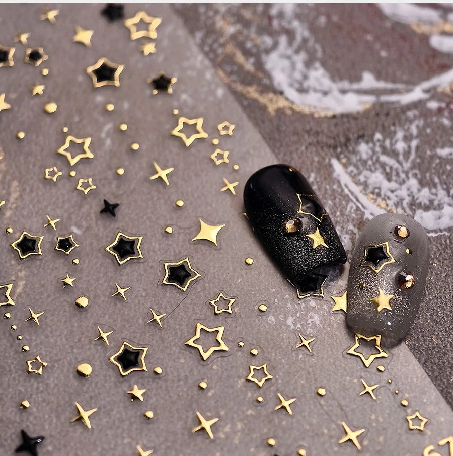 5D Luxury Star Nail Stickers Shiny Stars Black Silver Nail Decals Gilding Hollow Out Five-Pointed Nail Art Design Decorat Slider