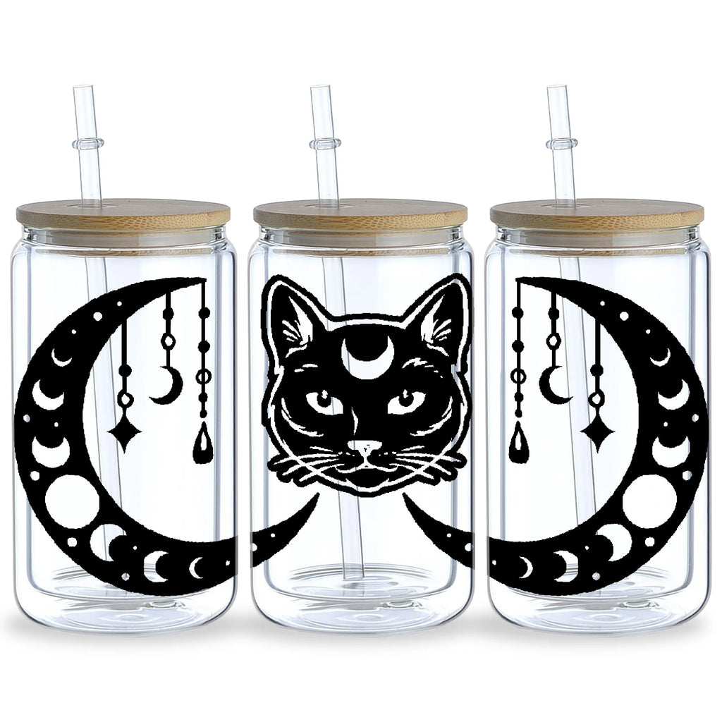 5 sheets Magic Cat UV DTF Glass Cup Wrap Transfer Stickers, DTF Transfer Stickers, Waterproof Wipe-Off Transfer Stickers