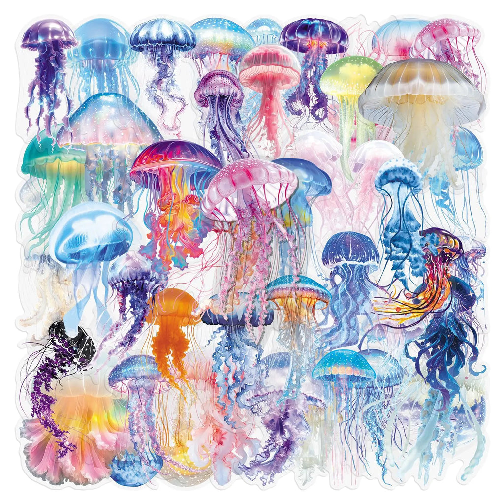 50PCS Cartoon Jellyfish Ocean Stickers, Clear PET Decals for Notebook Stationery Guitar Fridge Book Desk Decor