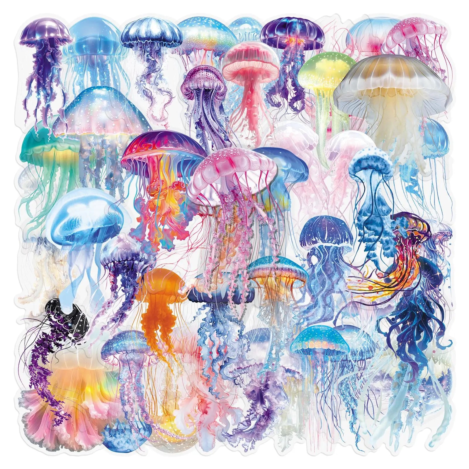 50PCS Cartoon Jellyfish Ocean Stickers, Clear PET Decals for Notebook Stationery Guitar Fridge Book Desk Decor