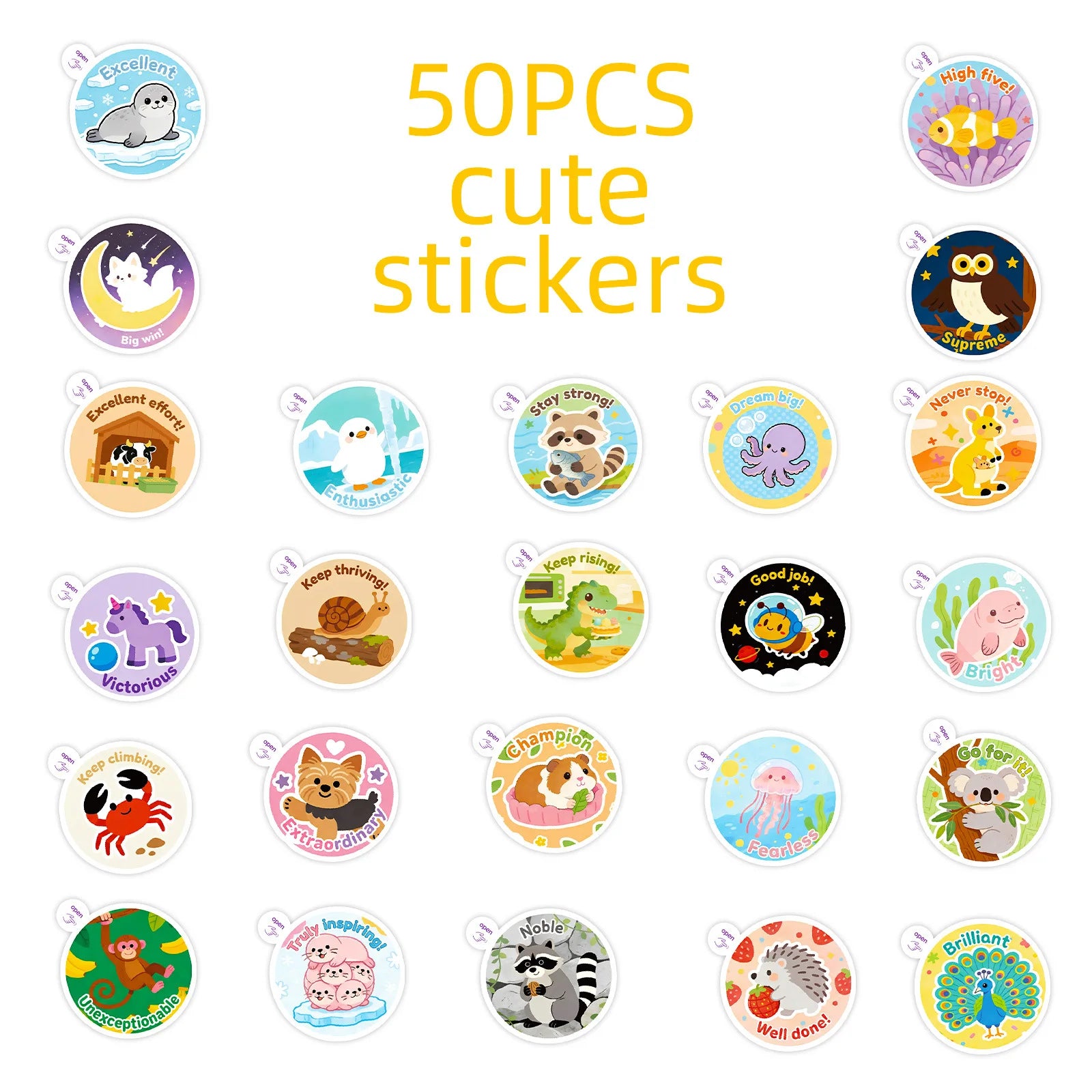 50PCS Cartoon Animal Easy-Tear Stickers Students Office Supplies Decor Decals Phones Fridges Kids Rewards Stickers