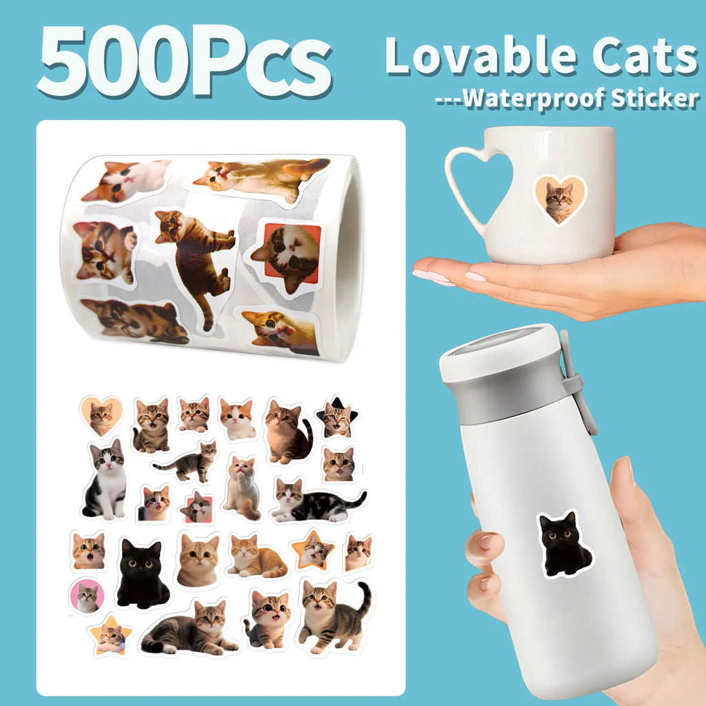 1Roll(500Pcs)24 Irregular Cute Pet Cats Vinyl Waterproof Stickers Reusable DlY Craft Decoration Animals Scrapbook Labels