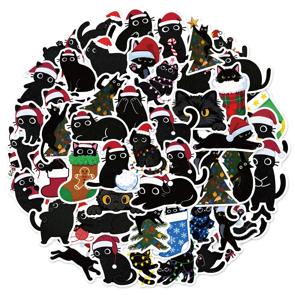 50PCS Cartoon Christmas Black Cat Reward Sticker Pack DIY Brochure Decorative Tablet Laptop Toy Stickers
