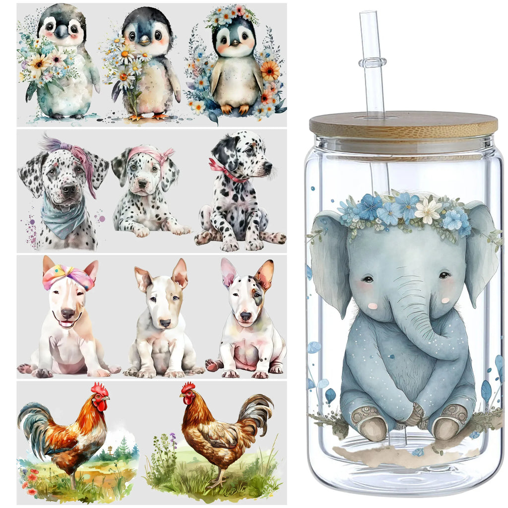 5 Sheets Animal UV DTF Cup Stickers, Glass DTF Transfer Stickers, Waterproof Funny Chick Rub Transfer Paper for 16 oz Glass,Mugs