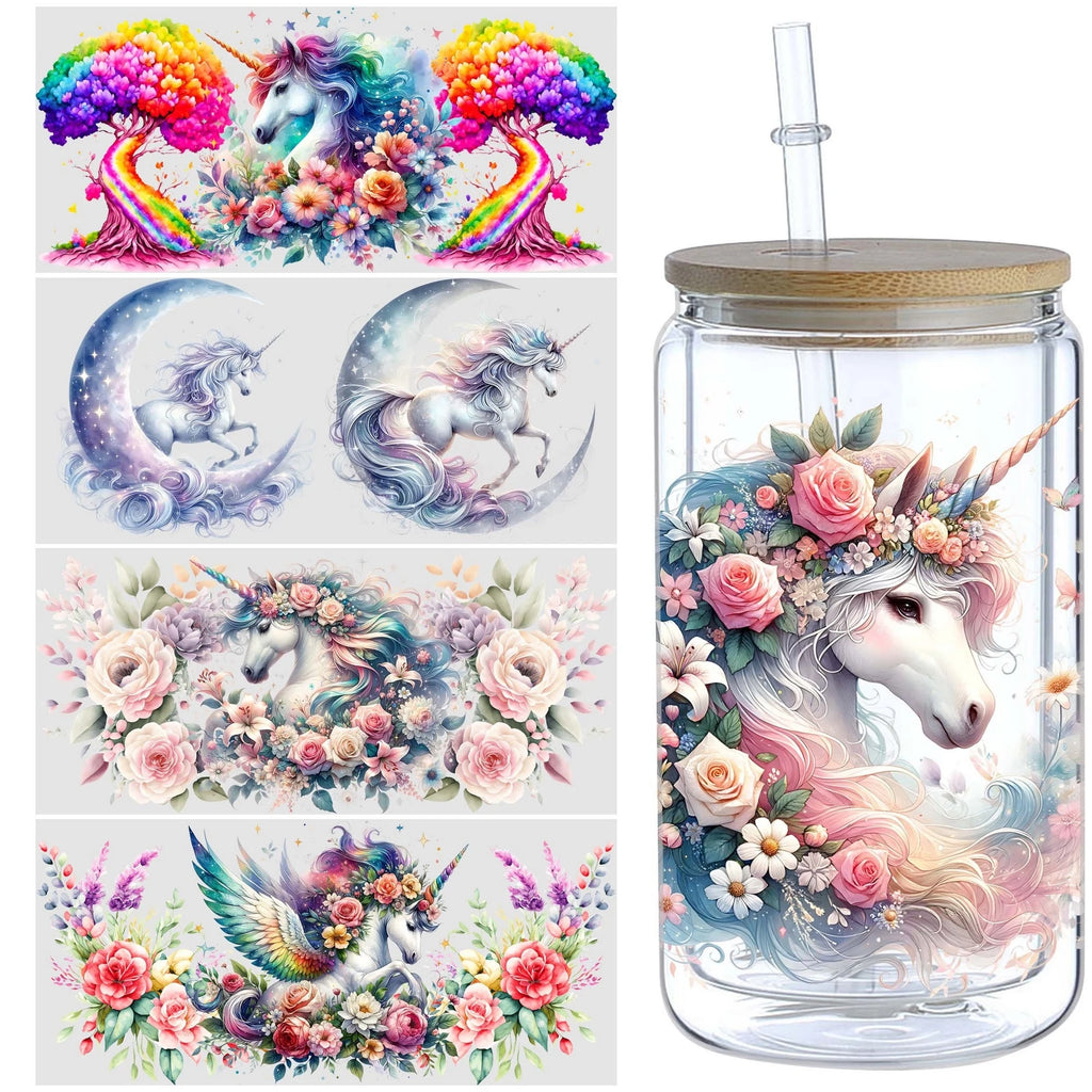 5 sheets unicorn UV DTF cup packaging for 16oz glass cups, waterproof UV DTF stickers for 16oz glass cups, DIY, furniture, craft