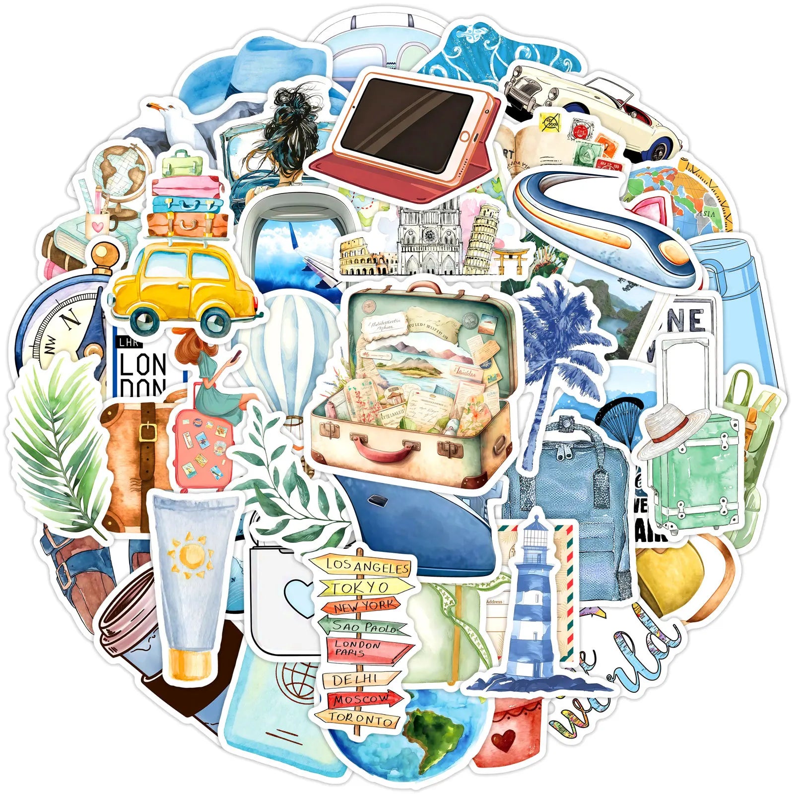 50-Pack Cartoon Watercolor Outdoor Travel Graffiti Stickers for Skateboard Water Bottle Fridge Phone Guitar Notebook
