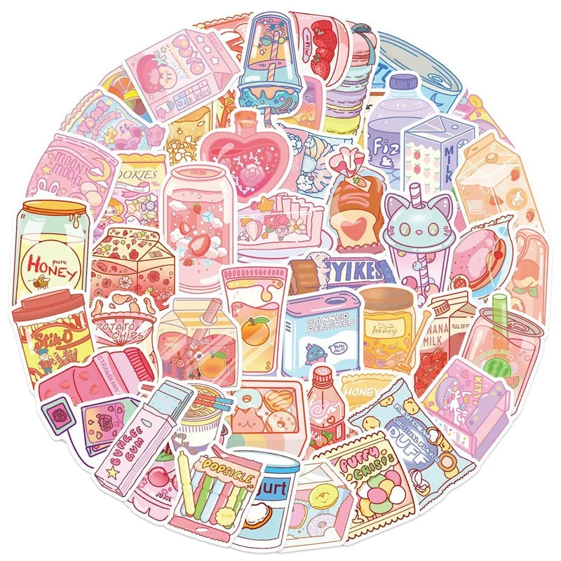 10/30/50PCS Kawaii Ins Snack PVC Sticky Sticker Aesthetic DIY Decoration Scrapbooking School Stationery Supplies for Kids