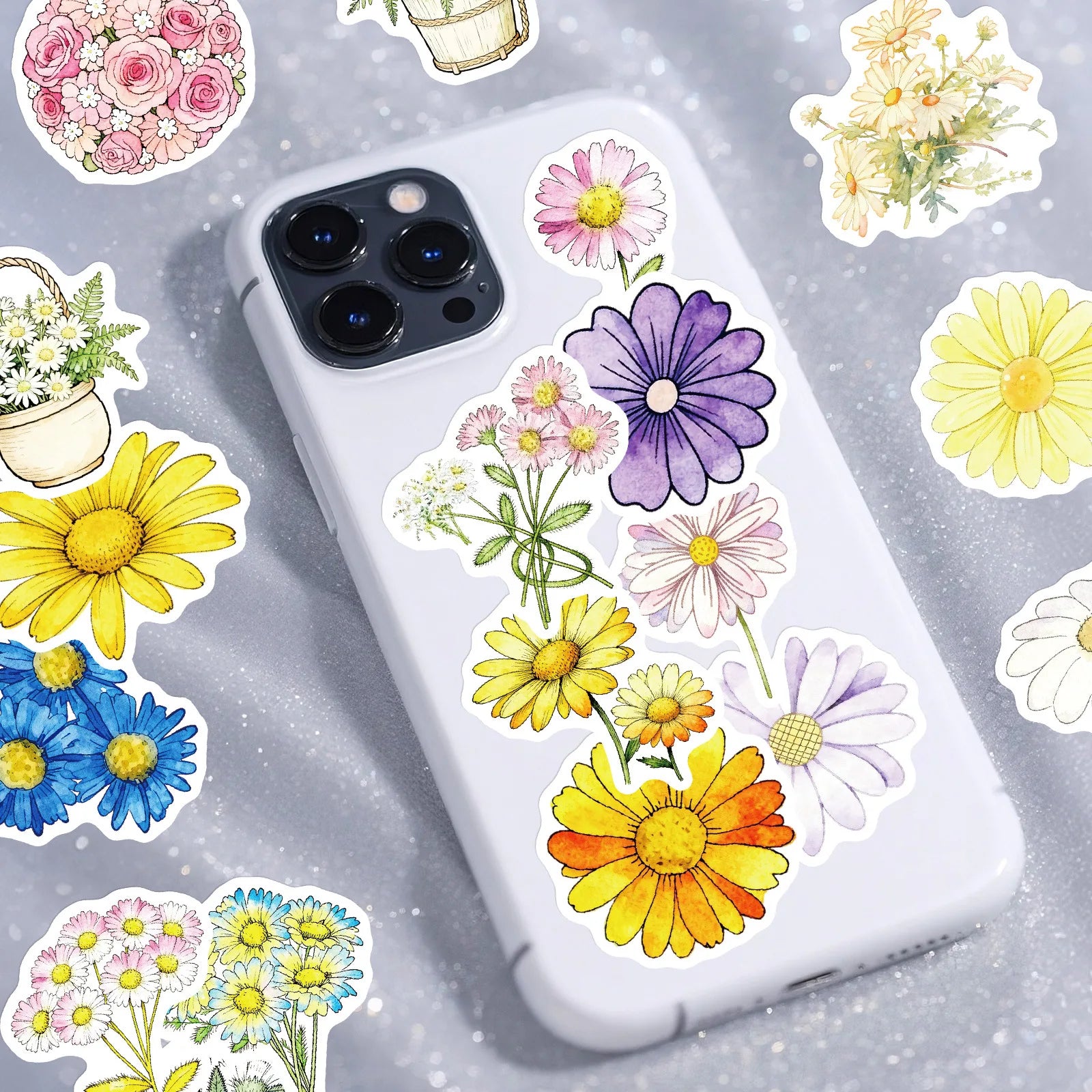 50PCS Colorful Daisy Themed Easy-Tear Stickers for Office Stationery Student Supplies Decorative Notebook Phone Helmet Decals