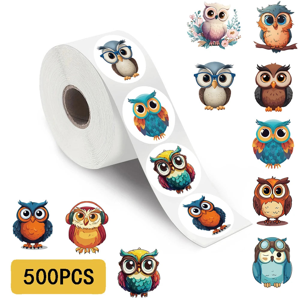 500Pcs/roll Kawaii Cartoon Owl Sticker Creativity Notebook Aesthetic Cute Bird Luggage Motorcycle Notebook Laptop Stickers