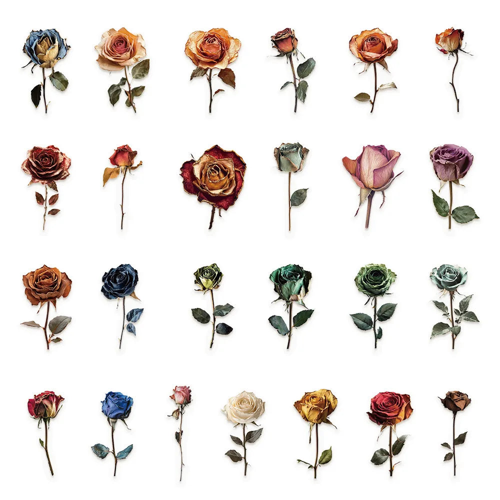 10/30/50 PcsTransparent PET Dried Rose Stickers Handbooks Luggage Decoration Stickers Phone DIY Decoration Stationary Notebook