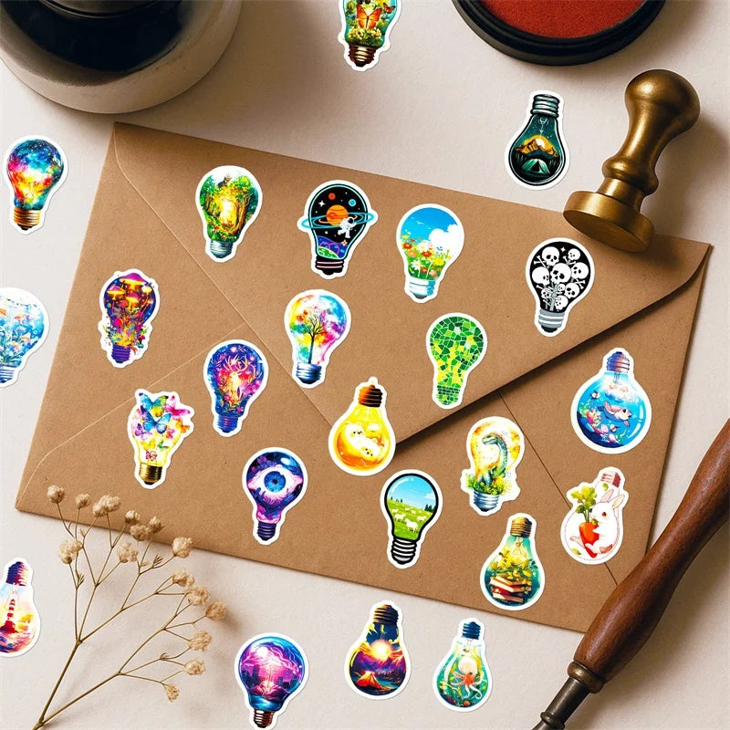 10/30/56PCS Cartoon Light Bulb World PVC Sticky Stickers Aesthetic DIY Colored Phone Laptop Luggage Skateboard Graffiti Decals