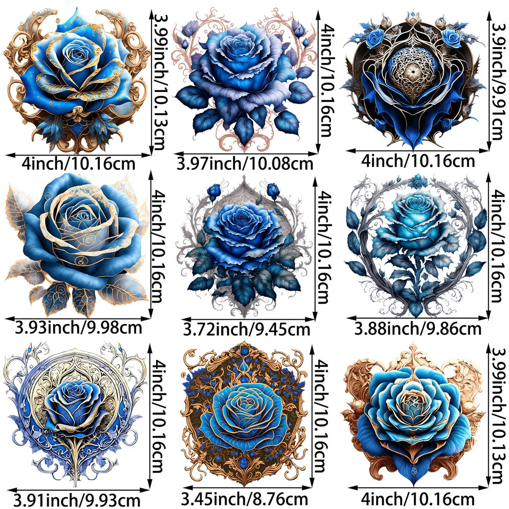 9 Sheets 4 Inch Blue Rose DIY Theme Iron-On Applique Patches Floral Theme Heat Transfer DIY Clothing, T-shirts, Masks, Jeans