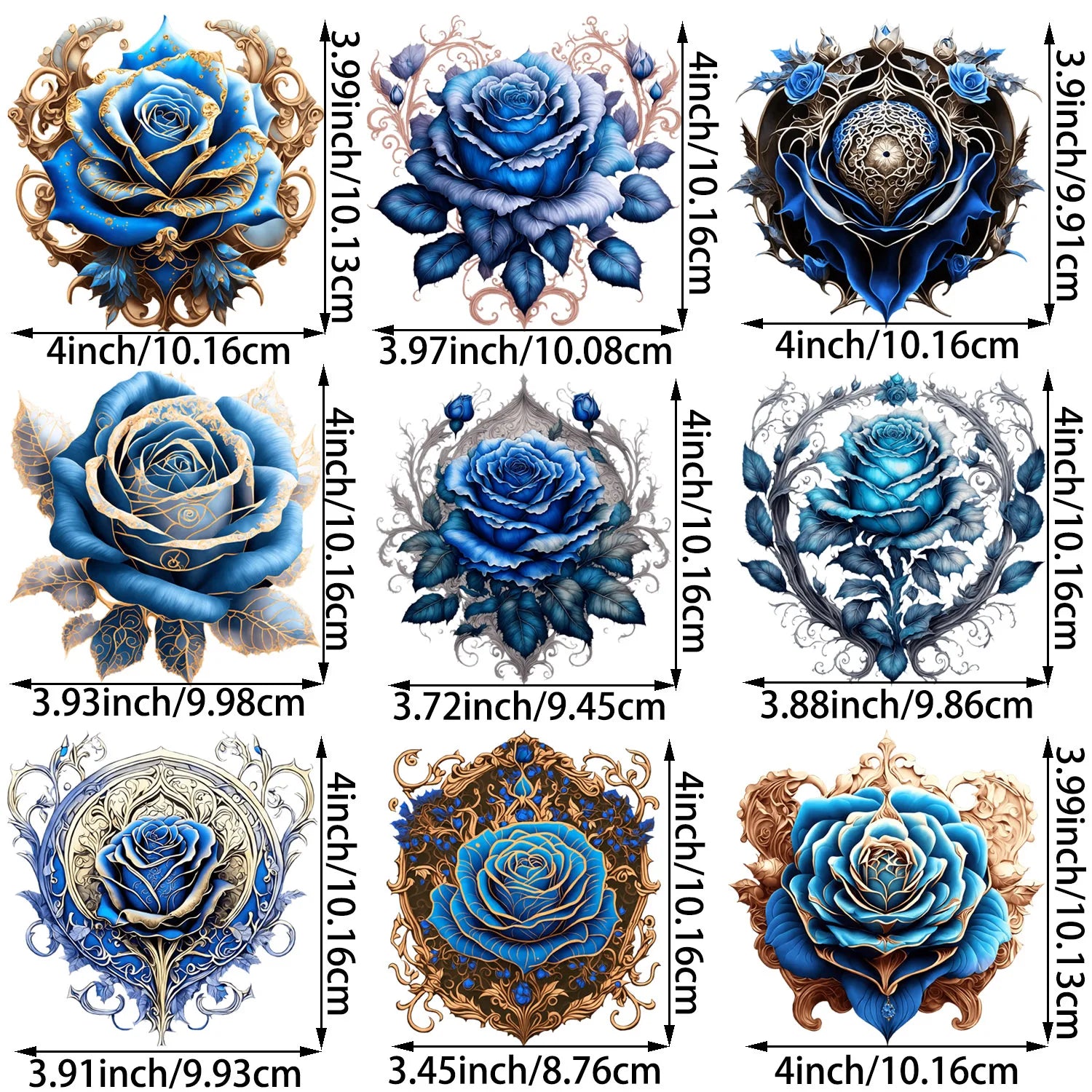 9 Sheets 4 Inch Blue Rose DIY Theme Iron-On Applique Patches Floral Theme Heat Transfer DIY Clothing, T-shirts, Masks, Jeans