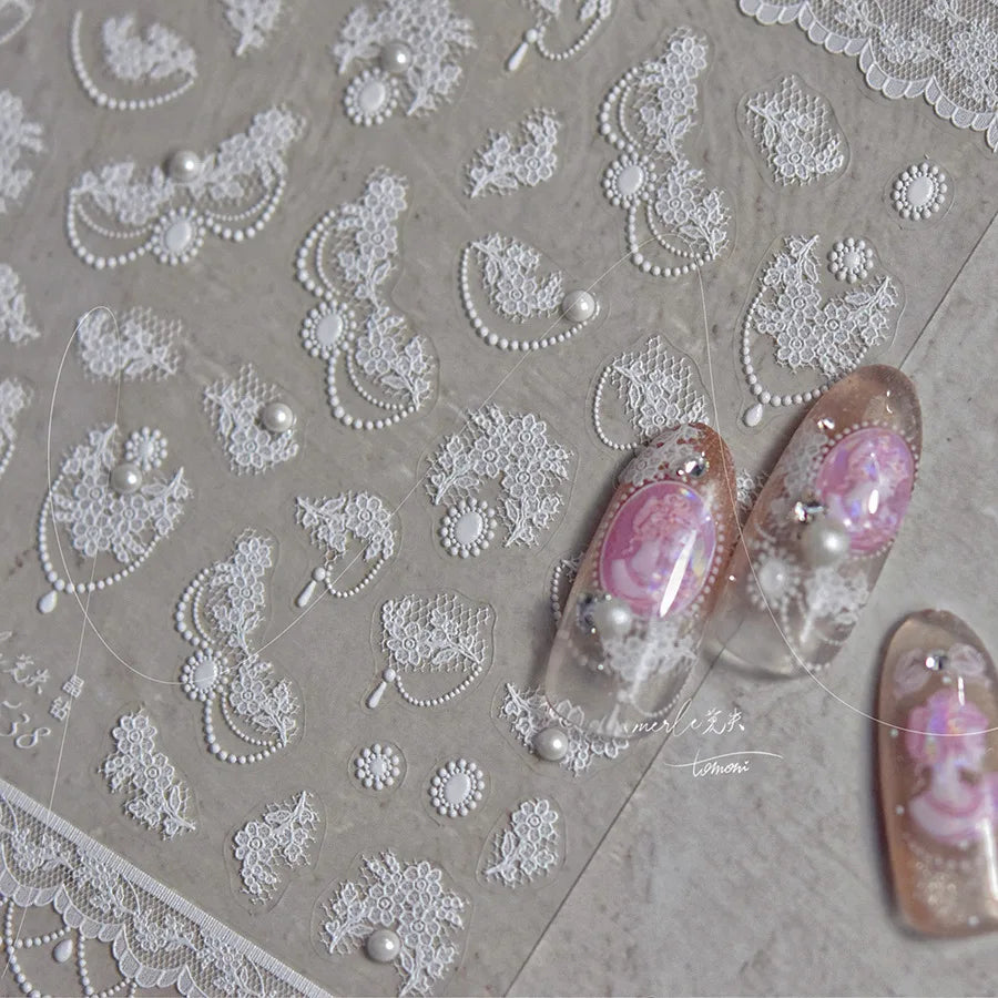 Fashion Lace Flower Charming Nail Stickers Luxury 5D Crystal Diamond Pearl Nail Art Stickers Self Adhesive Manicure Tools Decals