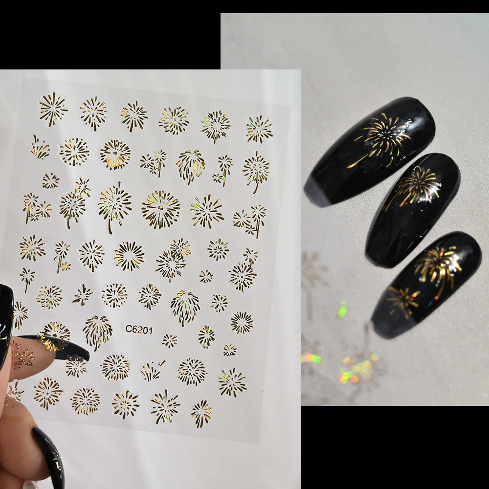 Laser Firework Nail Stickers 3D Self-Adhesive Blooming Fireworks Nail Art Decals New Year Firework Nail Decorations Slider 1pcs