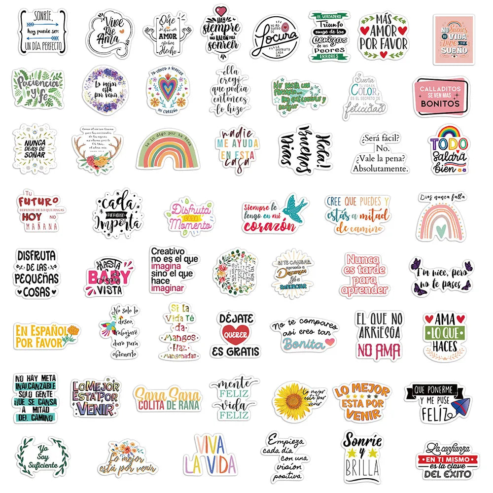 55PCS Inspirational Spanish Handmade DIY Phone Cases Laptops Water Bottles Refrigerators Desktop Labels Waterproof Stickers
