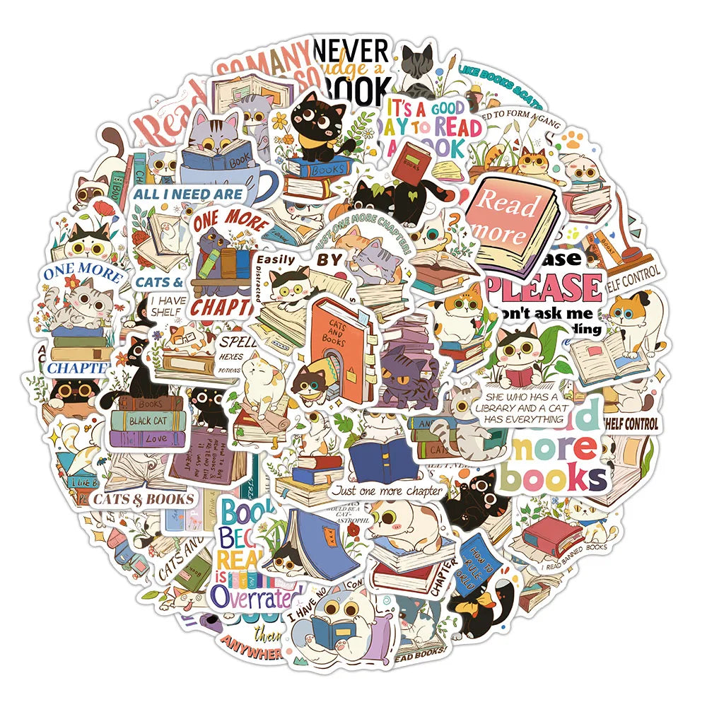 60PCS Reading Cat and Book Stickers Computer Decoration Luggage Stickers Handbooks Cute Series Materials Waterproof Stickers