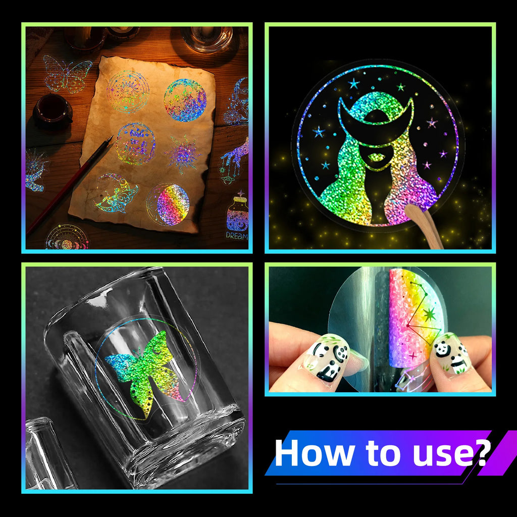 100 PCS Colorful Laser Magic PET Stickers Aesthetic for DIY Guitar Scrapbooking Suitcase Water Bottle Phone Laptop Skateboard