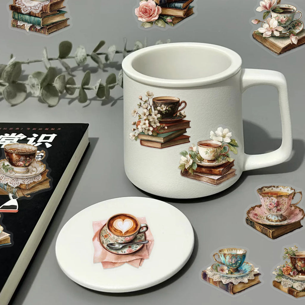 50/100Pcs Cartoon Coffee Book Theme Sticker Pack Waterproof Transparent PET Decor Decals Stationery Guitar Notebook Sticker