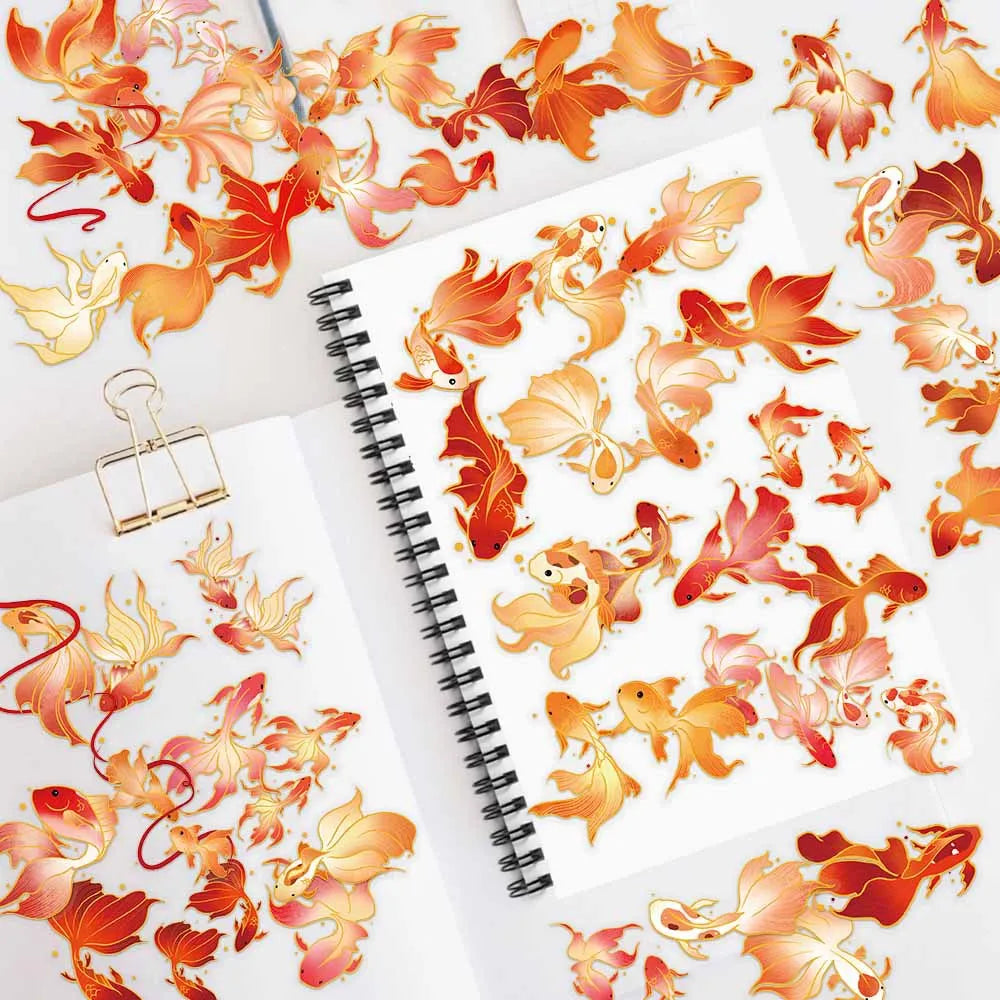 50-Pack Gold Foil Koi Fish Stickers Waterproof Decorative Stickers for Cups Stationery Notebooks DIY Crafts