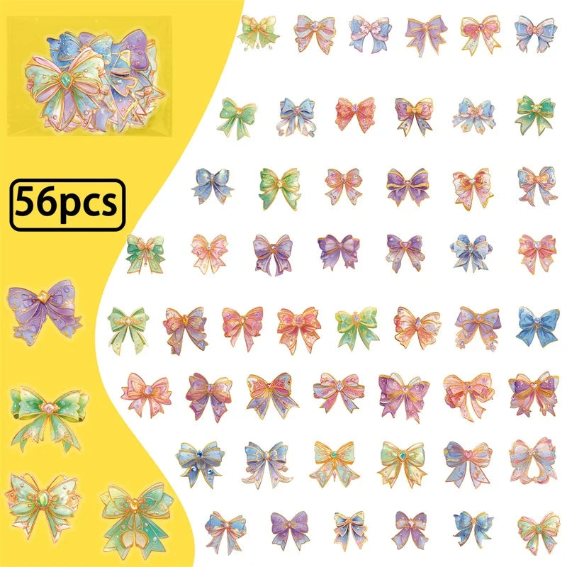 56PCS Kawaii Dreamy Bow PET Sticky Sticker Aesthetic Tear Open DIY Decoration Scrapbooking Sketchbook Supplies for Kids