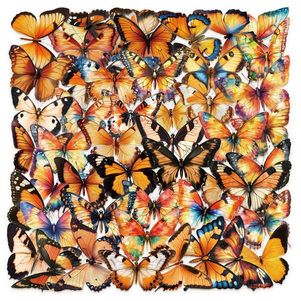 Variety 50PCS Cartoon Color Butterfly Sticker Pack Waterproof Transparent PET Decorative Guitar Notebook Stationery Stickers