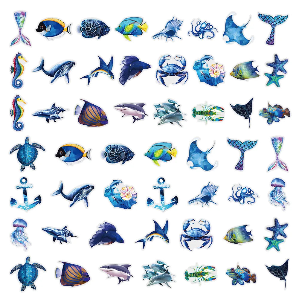 50PCS Cartoon Underwater World Marine Life Stickers PET Decor Phone Stationery Box Waterproof Stickers for Children Rewards