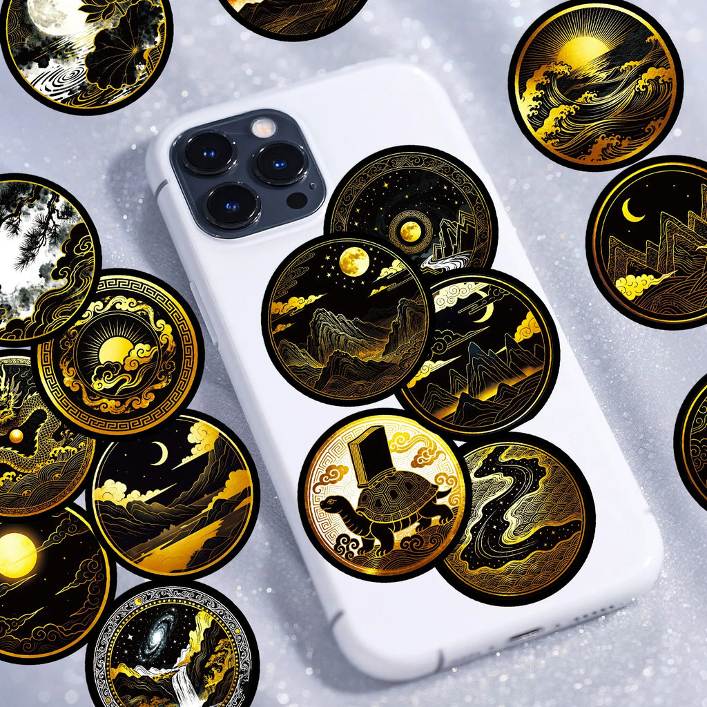 56/112Pcs Black Gold Space-themed PET Stickers - Unique Waterproof Decals for Notebook, Pencil Box, Bike, Suitcase, Laptop